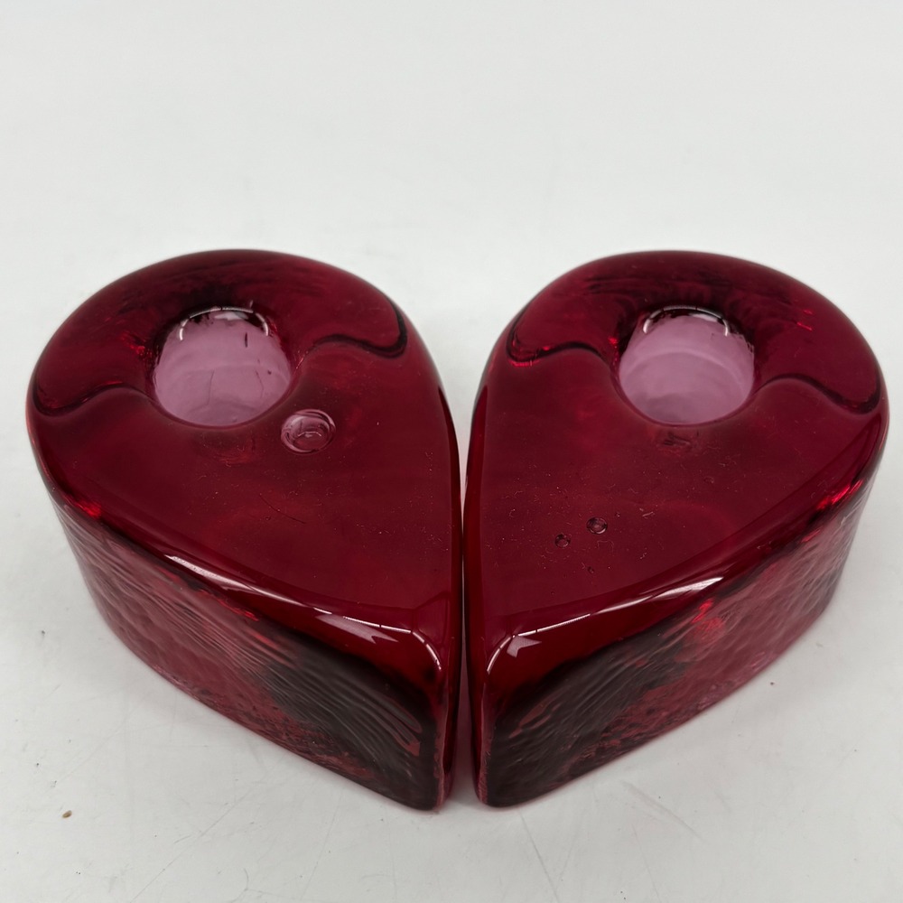 Hand Blown Ruby Red Pink Art Glass Heart Teardrop Taper Candle Holders Set of 2